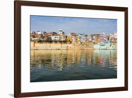 India, Uttar Pradesh. Varanasi on the Ganges River, view from river boat of Shitlo Ghat and Lal Gha-Alison Jones-Framed Photographic Print