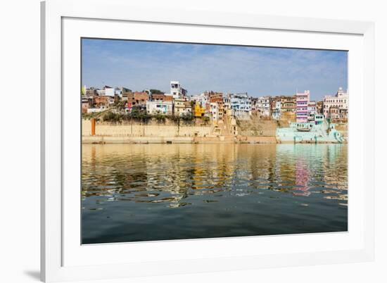 India, Uttar Pradesh. Varanasi on the Ganges River, view from river boat of Shitlo Ghat and Lal Gha-Alison Jones-Framed Photographic Print