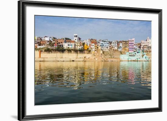 India, Uttar Pradesh. Varanasi on the Ganges River, view from river boat of Shitlo Ghat and Lal Gha-Alison Jones-Framed Photographic Print