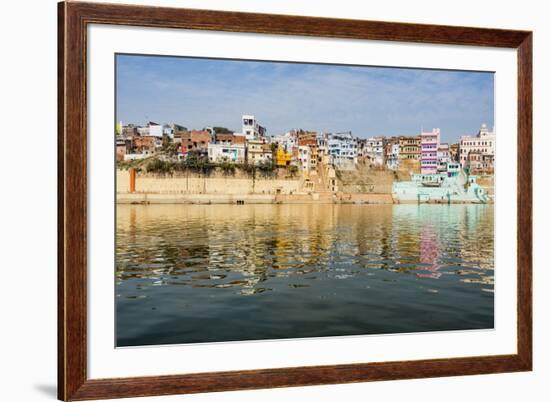 India, Uttar Pradesh. Varanasi on the Ganges River, view from river boat of Shitlo Ghat and Lal Gha-Alison Jones-Framed Photographic Print