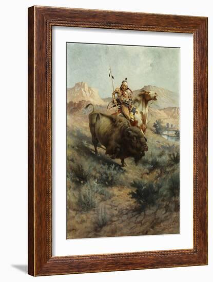 Indian and Buffalo-Edgar Samuel Paxson-Framed Giclee Print