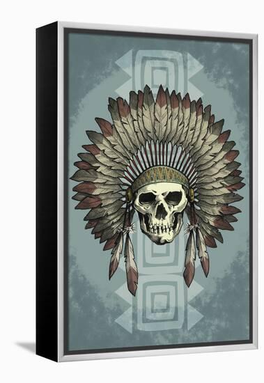 Indian Chief Skull and Headdress-Lantern Press-Framed Stretched Canvas