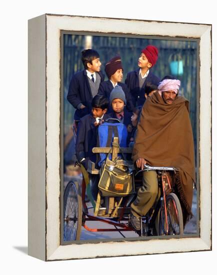 Indian Children Ride to School on the Back of a Cycle Rickshaw-null-Framed Premier Image Canvas