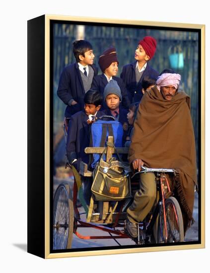 Indian Children Ride to School on the Back of a Cycle Rickshaw-null-Framed Premier Image Canvas