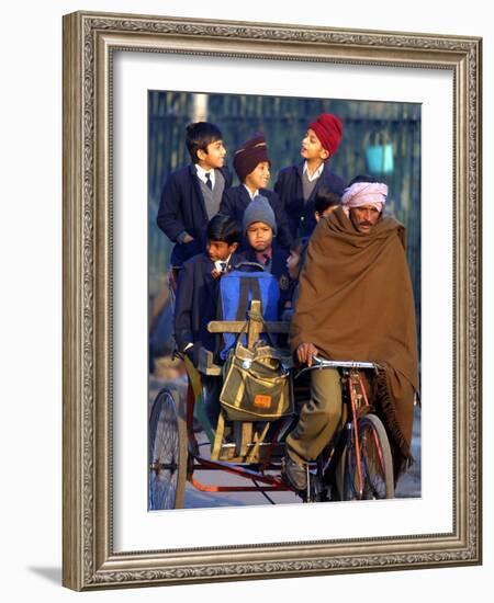 Indian Children Ride to School on the Back of a Cycle Rickshaw-null-Framed Photographic Print