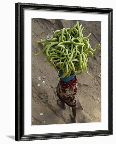 Indian Farmer Carries Cucumbers to Sell in the Market on the Outskirts of Allahabad, India-null-Framed Photographic Print