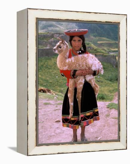 Indian Girl with Llama, Cusco, Peru-Pete Oxford-Framed Premier Image Canvas