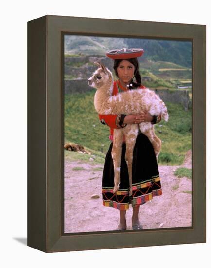 Indian Girl with Llama, Cusco, Peru-Pete Oxford-Framed Premier Image Canvas