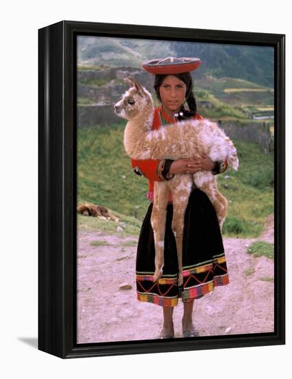 Indian Girl with Llama, Cusco, Peru-Pete Oxford-Framed Premier Image Canvas