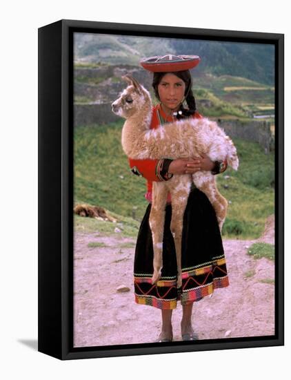 Indian Girl with Llama, Cusco, Peru-Pete Oxford-Framed Premier Image Canvas