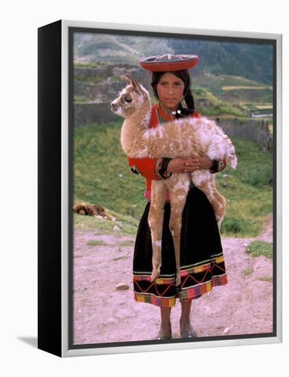 Indian Girl with Llama, Cusco, Peru-Pete Oxford-Framed Premier Image Canvas