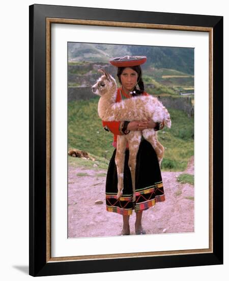 Indian Girl with Llama, Cusco, Peru-Pete Oxford-Framed Photographic Print