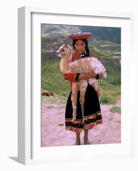 Indian Girl with Llama, Cusco, Peru-Pete Oxford-Framed Photographic Print