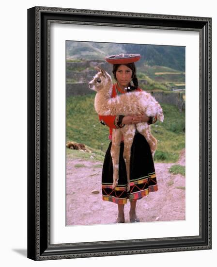 Indian Girl with Llama, Cusco, Peru-Pete Oxford-Framed Photographic Print