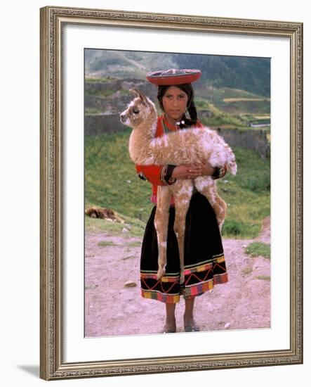 Indian Girl with Llama, Cusco, Peru-Pete Oxford-Framed Photographic Print