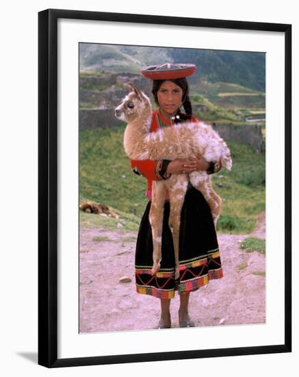 Indian Girl with Llama, Cusco, Peru-Pete Oxford-Framed Photographic Print