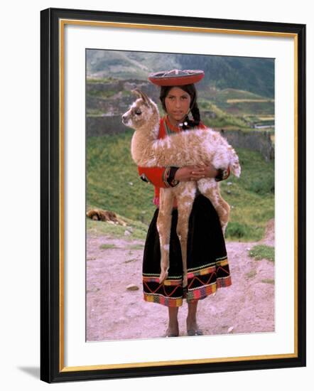 Indian Girl with Llama, Cusco, Peru-Pete Oxford-Framed Photographic Print