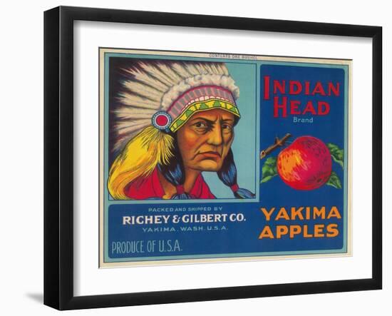 Indian Head Apple Label - Yakima, WA-Lantern Press-Framed Art Print