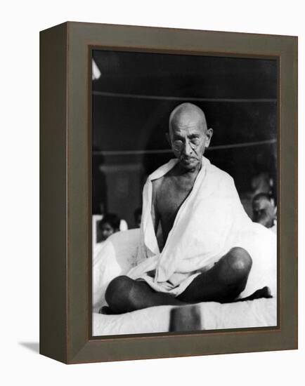 Indian Leader Mohandas Gandhi Sitting Cross Legged at Prayer Meeting-null-Framed Premier Image Canvas