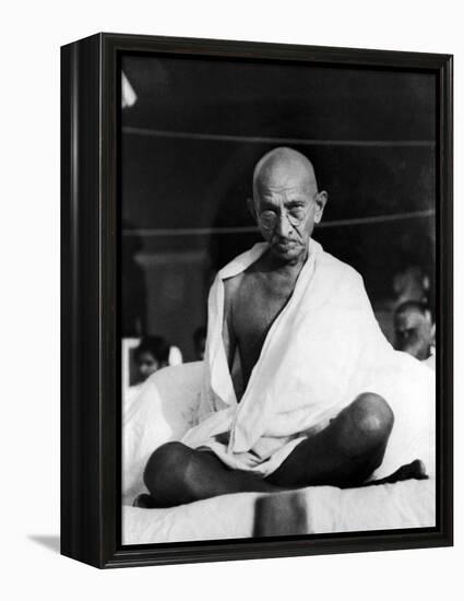 Indian Leader Mohandas Gandhi Sitting Cross Legged at Prayer Meeting-null-Framed Premier Image Canvas