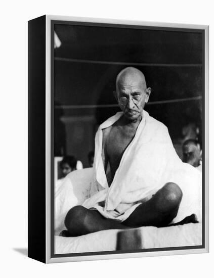 Indian Leader Mohandas Gandhi Sitting Cross Legged at Prayer Meeting-null-Framed Premier Image Canvas