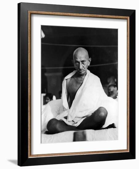 Indian Leader Mohandas Gandhi Sitting Cross Legged at Prayer Meeting-null-Framed Premium Photographic Print