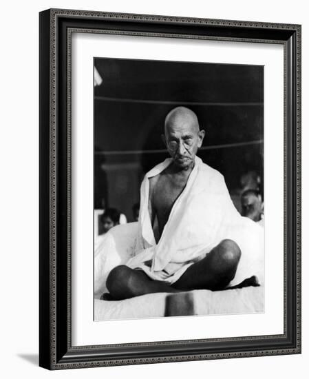 Indian Leader Mohandas Gandhi Sitting Cross Legged at Prayer Meeting-null-Framed Premium Photographic Print