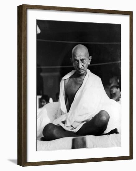 Indian Leader Mohandas Gandhi Sitting Cross Legged at Prayer Meeting-null-Framed Premium Photographic Print