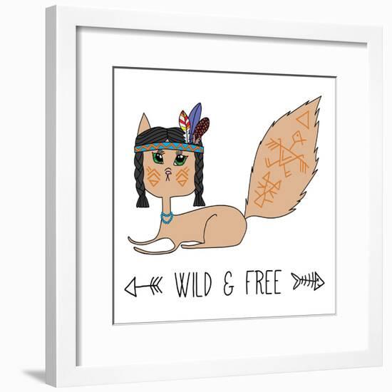 Indian Native American Cat, Sketch Doodle Drawing, Poster, Postcard and T-Shirt Print, Vector Illus-Cat Naya-Framed Premium Giclee Print