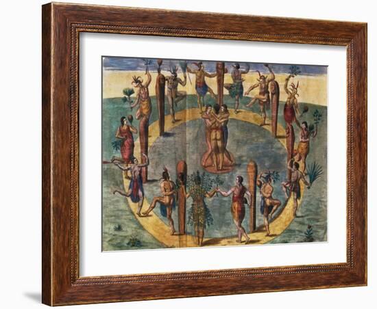 Indian Ritual Dance from the Village of Secoton, Book Illustration, circa 1570-80-John White-Framed Giclee Print