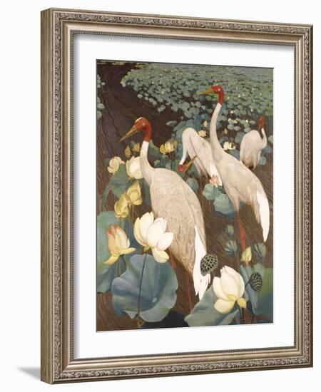 Indian Sarus Cranes on Gold Leaf-Jesse Arms Botke-Framed Art Print