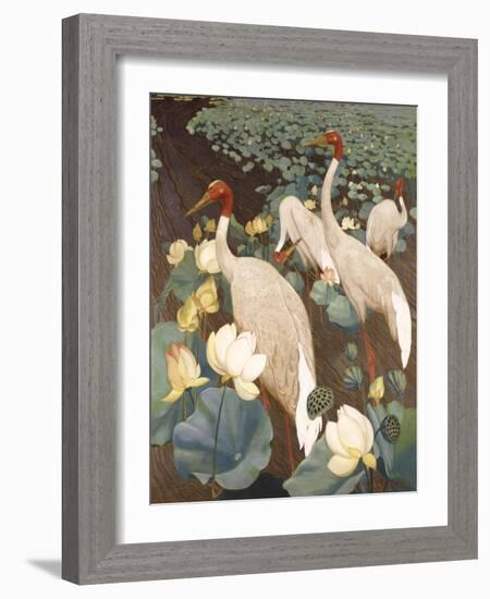 Indian Sarus Cranes on Gold Leaf-Jesse Arms Botke-Framed Art Print