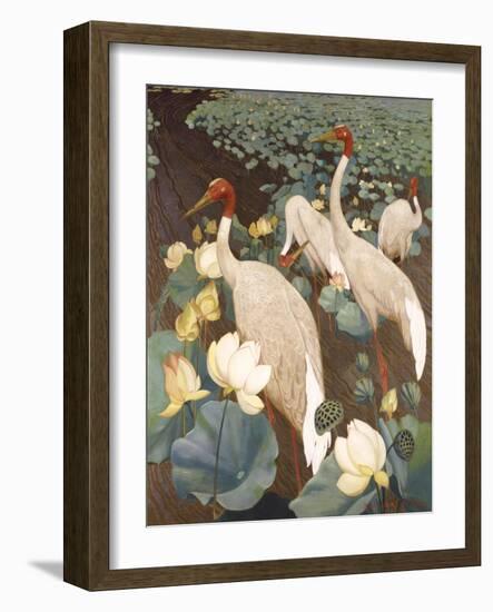 Indian Sarus Cranes on Gold Leaf-Jesse Arms Botke-Framed Art Print