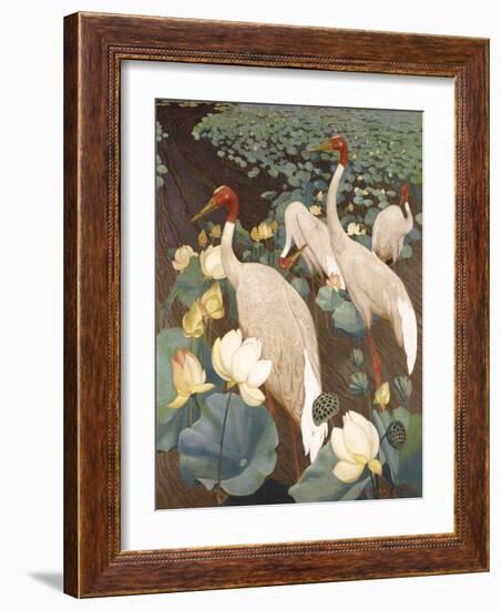 Indian Sarus Cranes on Gold Leaf-Jesse Arms Botke-Framed Art Print