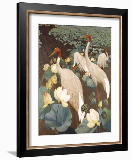 Indian Sarus Cranes on Gold Leaf-Jesse Arms Botke-Framed Art Print