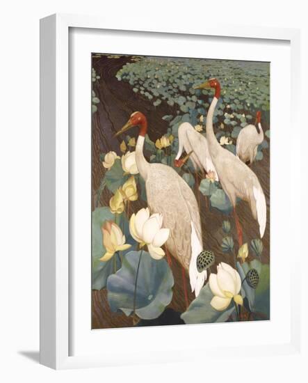 Indian Sarus Cranes on Gold Leaf-Jesse Arms Botke-Framed Art Print