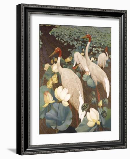 Indian Sarus Cranes on Gold Leaf-Jesse Arms Botke-Framed Art Print