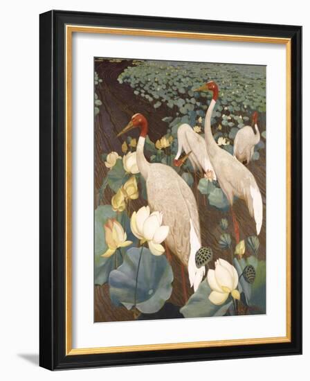 Indian Sarus Cranes on Gold Leaf-Jesse Arms Botke-Framed Art Print