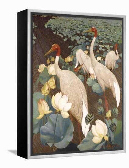 Indian Sarus Cranes on Gold Leaf-Jesse Arms Botke-Framed Stretched Canvas