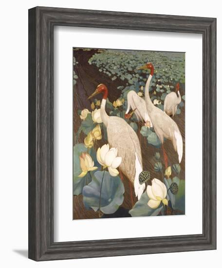 Indian Sarus Cranes on Gold Leaf-Jesse Arms Botke-Framed Art Print