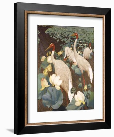 Indian Sarus Cranes on Gold Leaf-Jesse Arms Botke-Framed Art Print