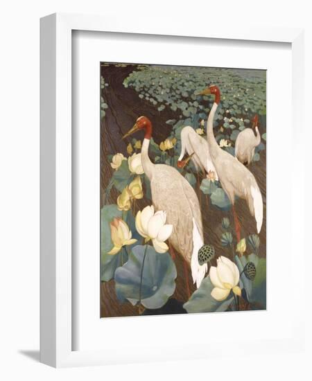 Indian Sarus Cranes on Gold Leaf-Jesse Arms Botke-Framed Art Print