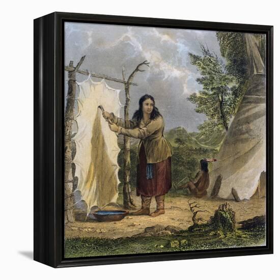 Indian Woman Dressing a Buffalo Skin-Seth Eastman-Framed Premier Image Canvas