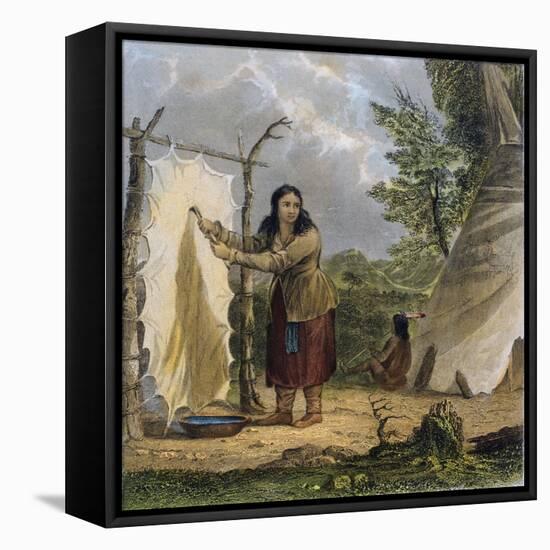 Indian Woman Dressing a Buffalo Skin-Seth Eastman-Framed Premier Image Canvas