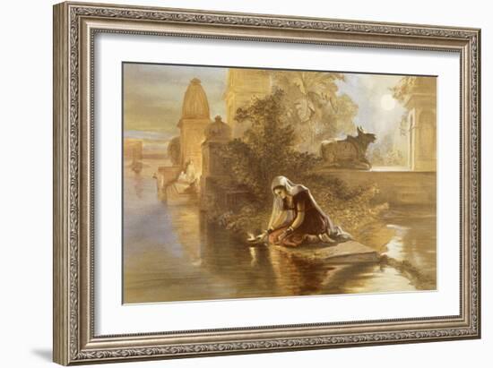 Indian Woman Floating Lamps on the Ganges, from 'India Ancient and Modern', 1867 (Colour Litho)-William 'Crimea' Simpson-Framed Giclee Print