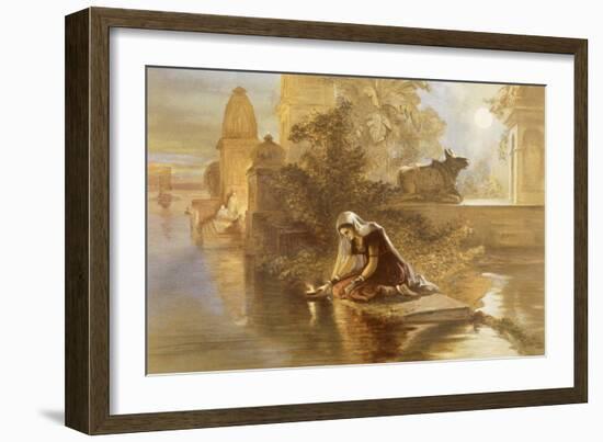 Indian Woman Floating Lamps on the Ganges, from 'India Ancient and Modern', 1867 (Colour Litho)-William 'Crimea' Simpson-Framed Giclee Print