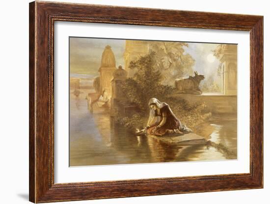 Indian Woman Floating Lamps on the Ganges, from 'India Ancient and Modern', 1867 (Colour Litho)-William 'Crimea' Simpson-Framed Giclee Print