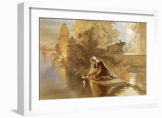 Indian Woman Floating Lamps on the Ganges, from 'India Ancient and Modern', 1867 (Colour Litho)-William 'Crimea' Simpson-Framed Giclee Print