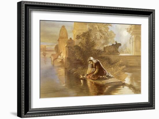 Indian Woman Floating Lamps on the Ganges, from 'India Ancient and Modern', 1867 (Colour Litho)-William 'Crimea' Simpson-Framed Giclee Print