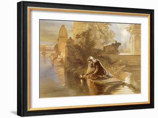 Indian Woman Floating Lamps on the Ganges, from 'India Ancient and Modern', 1867 (Colour Litho)-William 'Crimea' Simpson-Framed Giclee Print